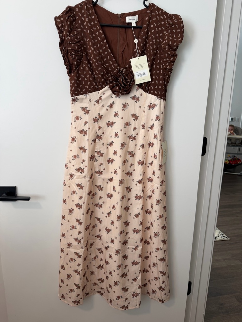bohme Brown and Cream Floral Midi Dress with Rosette